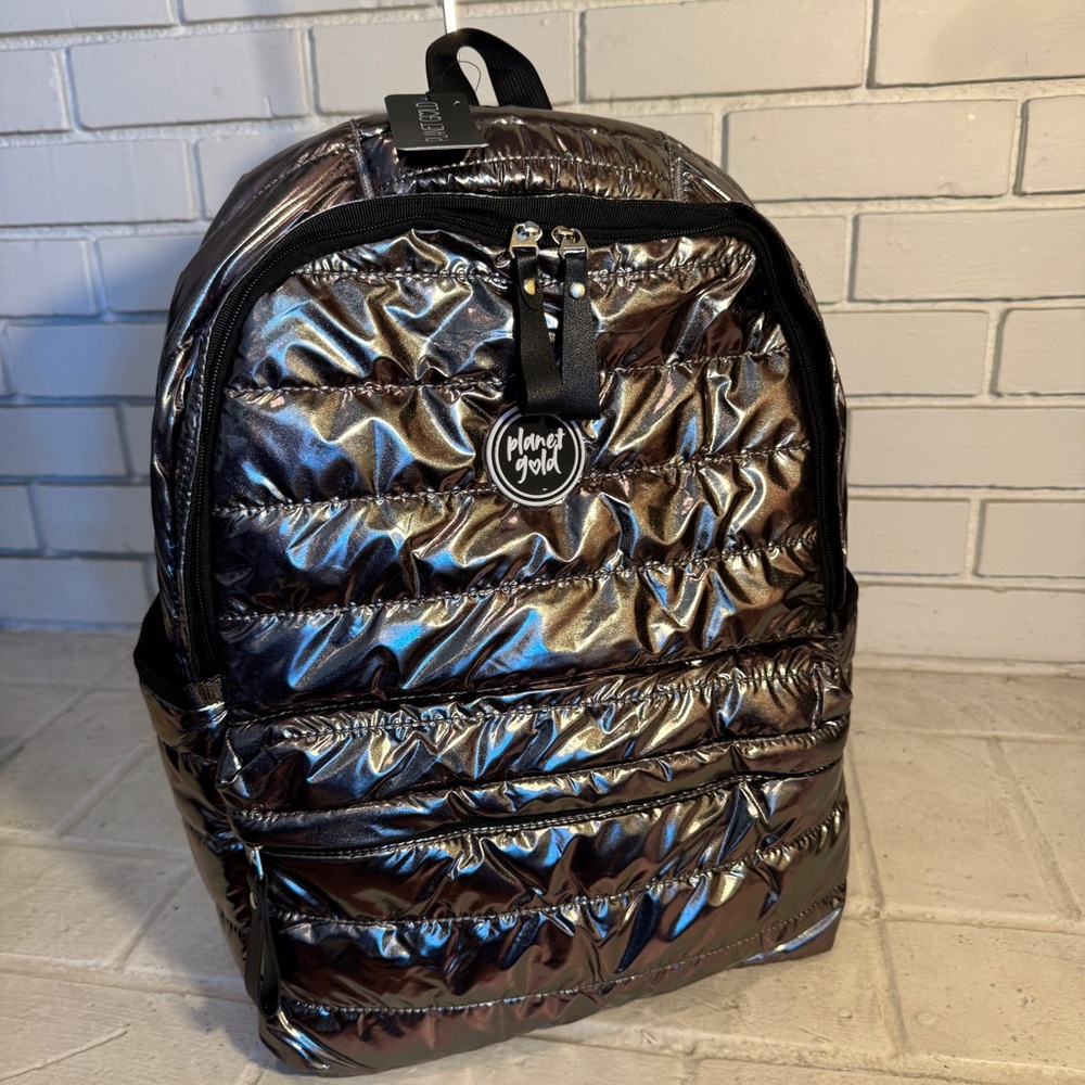 Planet Gold Metallic Quilted Puffer Backpack New with Tags
